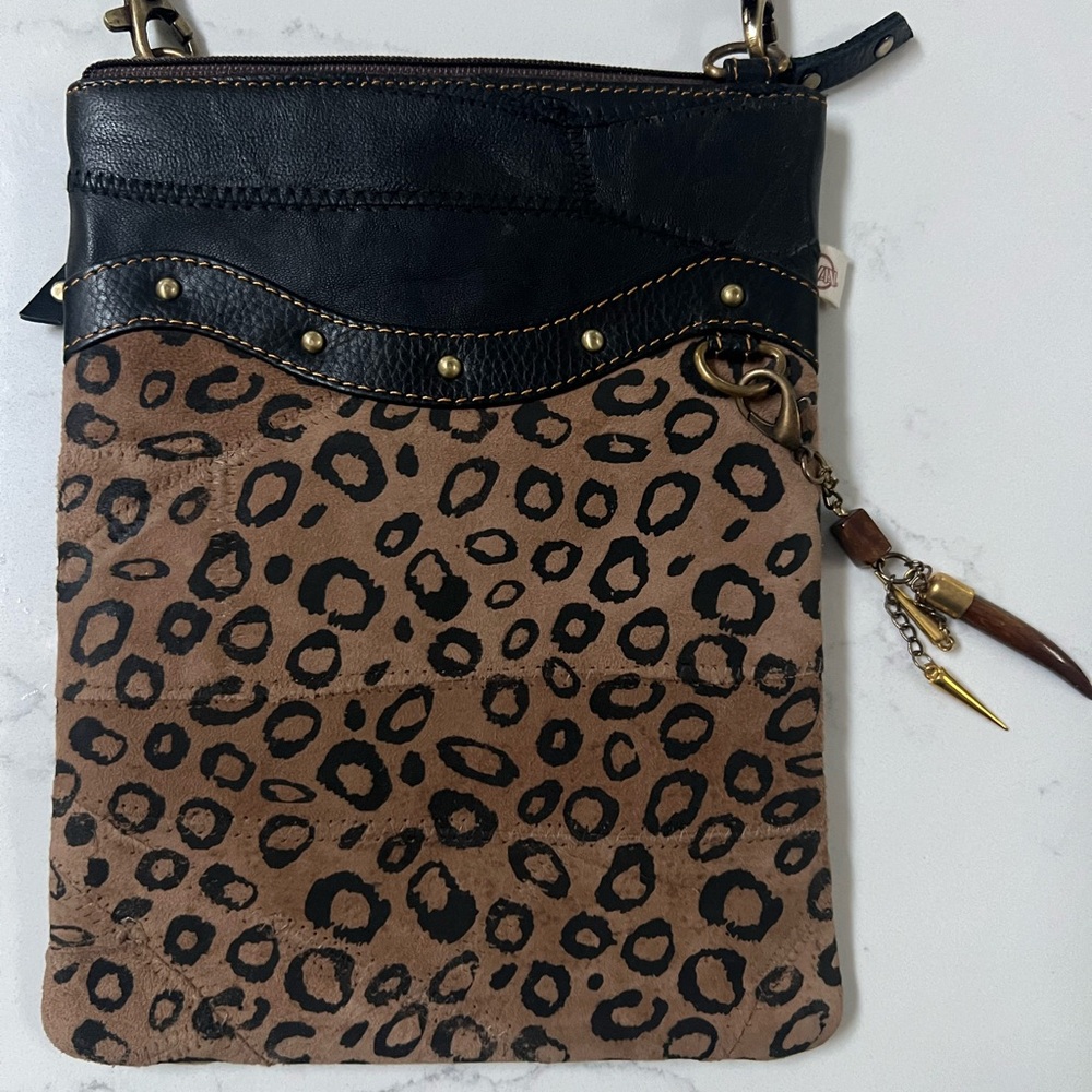 Crossbody Bag - Small Size - Brown Leather and Leopard Print
